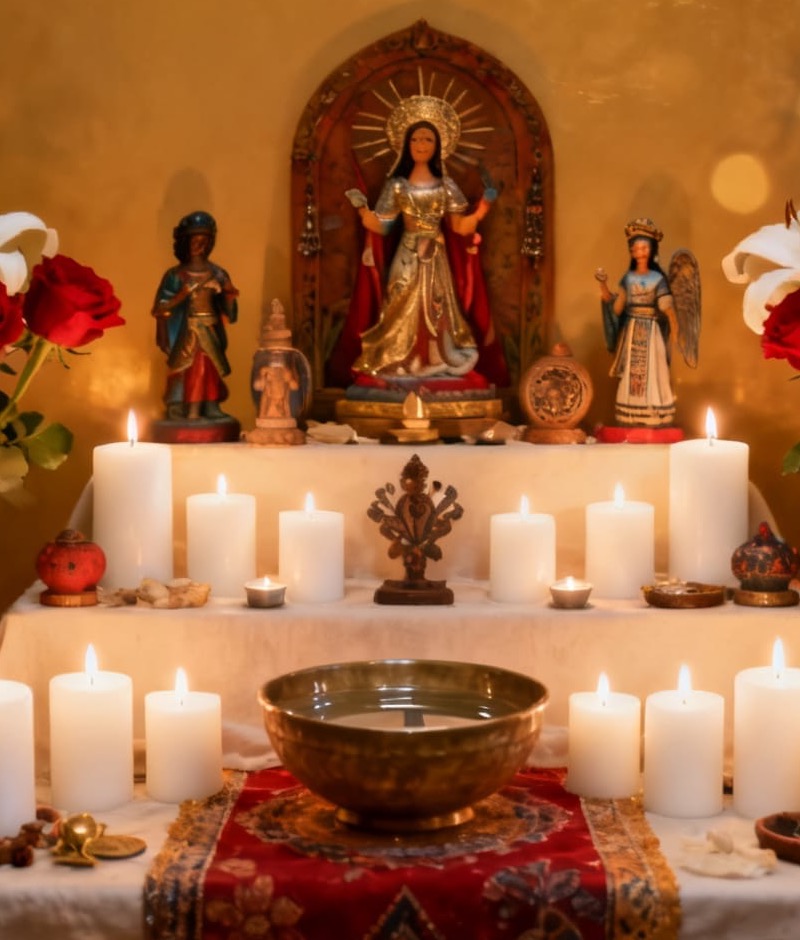 Detalhe do altar da Mãe Lídia com a imagem de Nossa Senhora, velas brancas, uma vasilha de bronze com água e rosas vermelhas